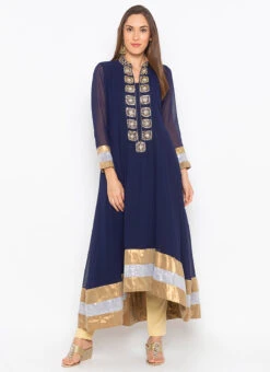 Navy Blue Georgette Stones Work Kurta Straight Pant Set Party Wear -ZariGrace Shop navy blue georgette stones work kurta straight pant set krsmnc2067 u