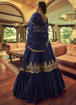 Navy Blue Lino Silk N Nylon Satin Embroidered Umbrella Lehenga Party Wear -ZariGrace Shop navy blue lino silk n nylon satin embroidered umbrella lehenga ghsira011401 b