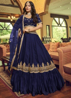 Navy Blue Lino Silk N Nylon Satin Embroidered Umbrella Lehenga Party Wear -ZariGrace Shop navy blue lino silk n nylon satin embroidered umbrella lehenga ghsira011401 u