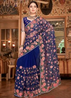 Navy Blue Net Embroidery Work Saree Party Wear -ZariGrace Shop navy blue net embroidery work saree sasun1527 u