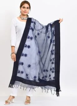 Navy Blue Organza Cotton Chikankari Embroidery Dupatta Work Wear -ZariGrace Shop navy blue organza cotton chikankari embroidery dupatta dpdmimfd117 u