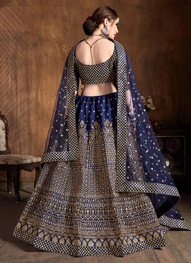 Navy Blue Raw Silk Embroidered And Sequins Work Umbrella Lehenga Festive Wear 6 Navy Blue Raw Silk Embroidered And Sequins Work Umbrella Lehenga Festive Wear - Image 4