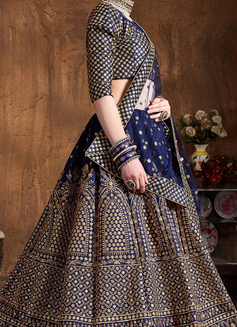 Navy Blue Raw Silk Embroidered And Sequins Work Umbrella Lehenga Festive Wear 3 Navy Blue Raw Silk Embroidered And Sequins Work Umbrella Lehenga Festive Wear