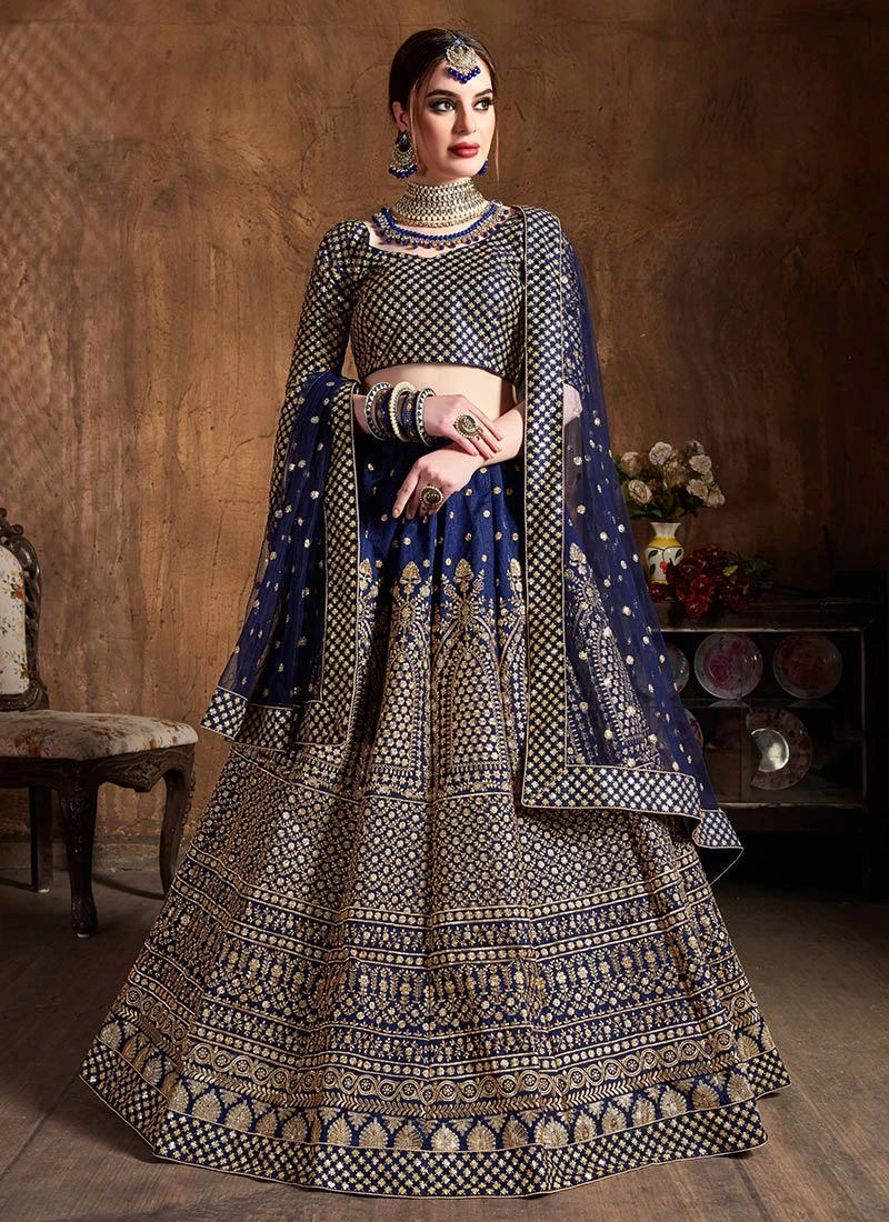Navy Blue Raw Silk Embroidered And Sequins Work Umbrella Lehenga Festive Wear 5 Navy Blue Raw Silk Embroidered And Sequins Work Umbrella Lehenga Festive Wear - Image 3
