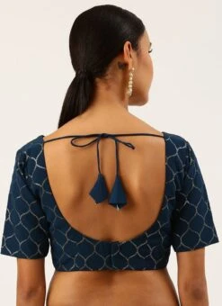 Navy Blue Raw Silk Sequins Work Blouse Party Wear -ZariGrace Shop navy blue raw silk sequins work blouse blspfb188nbl b