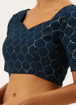 Navy Blue Raw Silk Sequins Work Blouse Party Wear