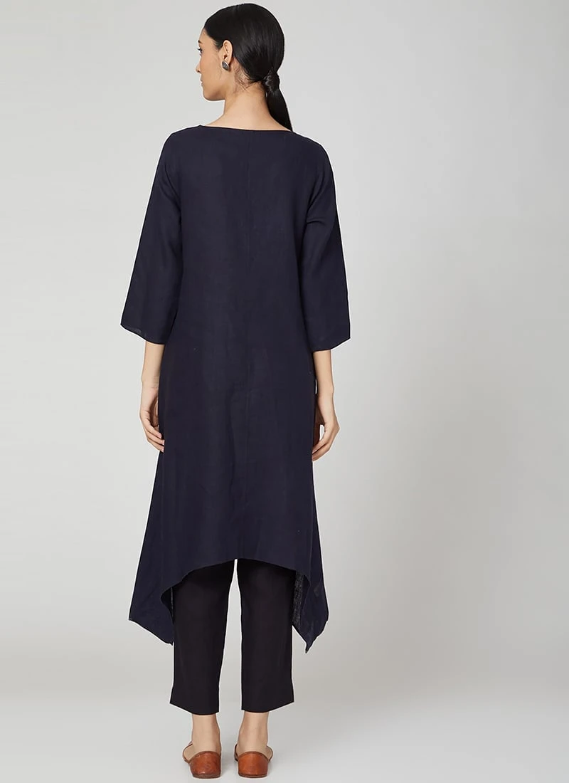 Navy Blue Rayon Slub Kurta Straight Pant Set Work Wear 6 Navy Blue Rayon Slub Kurta Straight Pant Set Work Wear - Image 4