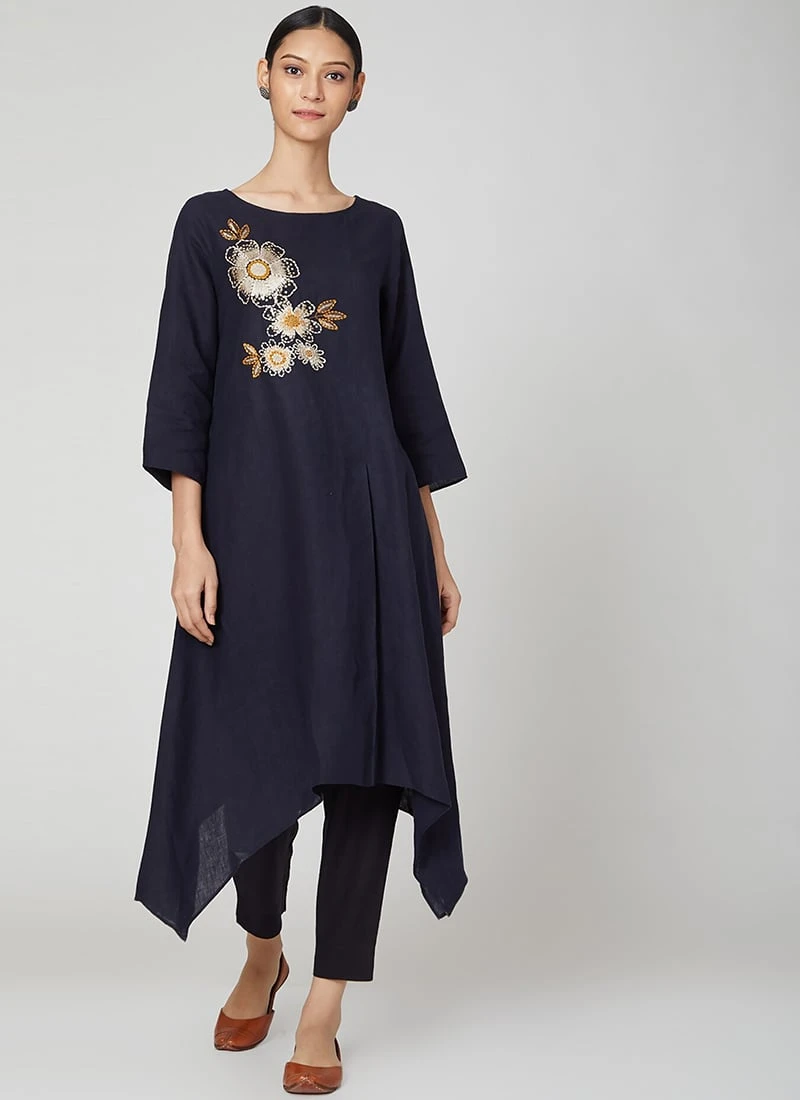 Navy Blue Rayon Slub Kurta Straight Pant Set Work Wear 5 Navy Blue Rayon Slub Kurta Straight Pant Set Work Wear - Image 3