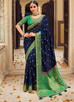 Navy Blue Silk Weaving Work Saree Party Wear -ZariGrace Shop navy blue silk weaving work saree saspl3804 u