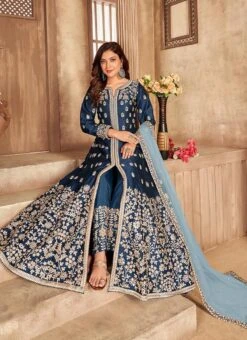 Navy Blue Soft Art Silk Mirror Embroidery Anarkali Suit Party Wear -ZariGrace Shop navy blue soft art silk mirror embroidery anarkali suit slsak29923303 u