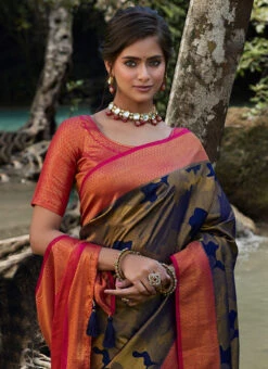 Navy Blue Soft Kanchipuram Silk Weaving Saree Festive Wear -ZariGrace Shop navy blue soft kanchipuram silk weaving saree saspl4013 b