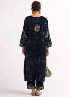 Navy Blue Velvet Embroidered Straight Pant Suit Party Wear -ZariGrace Shop navy blue velvet embroidered straight pant suit krdvc27 b
