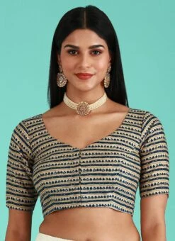 Navy Blue Viscose Rayon Printed Readymade Blouse Party Wear -ZariGrace Shop navy blue viscose rayon printed readymade blouse blspfb222nb u