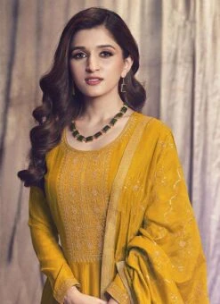 Nidhi Shah Yellow Art Silk Embroidered Anarkali Suit Party Wear -ZariGrace Shop nidhi shah yellow art silk embroidered anarkali suit slsrf26584 b