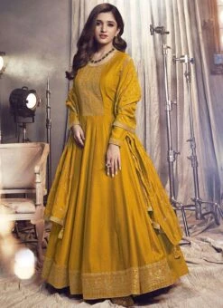 Nidhi Shah Yellow Art Silk Embroidered Anarkali Suit Party Wear -ZariGrace Shop nidhi shah yellow art silk embroidered anarkali suit slsrf26584 u