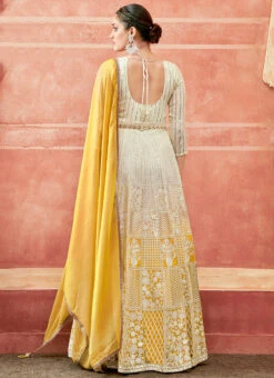 Off White And Yellow Faux Georgette Embroidered Gown Party Wear -ZariGrace Shop off white and yellow faux georgette embroidered gown slska47512036 b