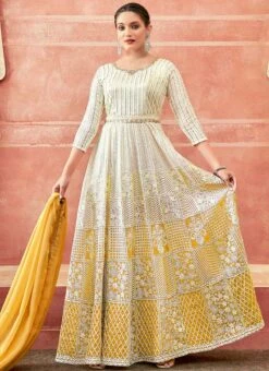 Off White And Yellow Faux Georgette Embroidered Gown Party Wear -ZariGrace Shop off white and yellow faux georgette embroidered gown slska47512036 u