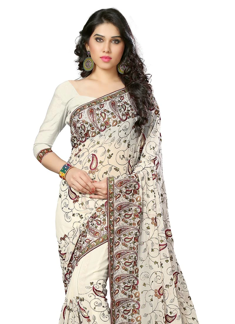 Off White Georgette Embroidered Saree After Six Wear 6 Off White Georgette Embroidered Saree After Six Wear - Image 4