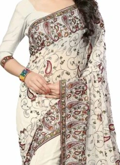 Off White Georgette Embroidered Saree After Six Wear