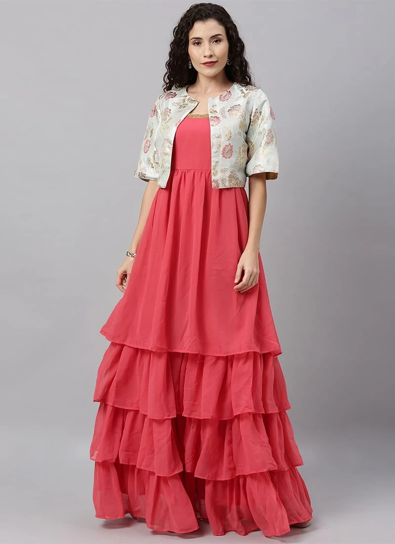 Off White Jacket Style Floor Length Gown Festive Wear 5 Off White Jacket Style Floor Length Gown Festive Wear - Image 3