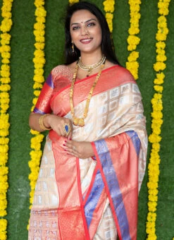 Off White Kancheepuram Silk Zari Weaving Work Saree Festive Wear -ZariGrace Shop off white kancheepuram silk zari weaving work saree sasom10 b
