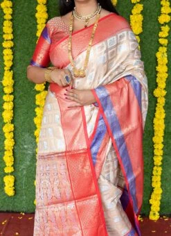 Off White Kancheepuram Silk Zari Weaving Work Saree Festive Wear
