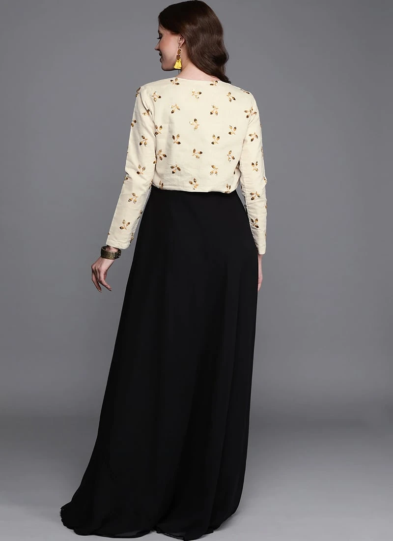 Off White N Black Embroidered Jacket Style Gown After Six Wear 6 Off White N Black Embroidered Jacket Style Gown After Six Wear - Image 4