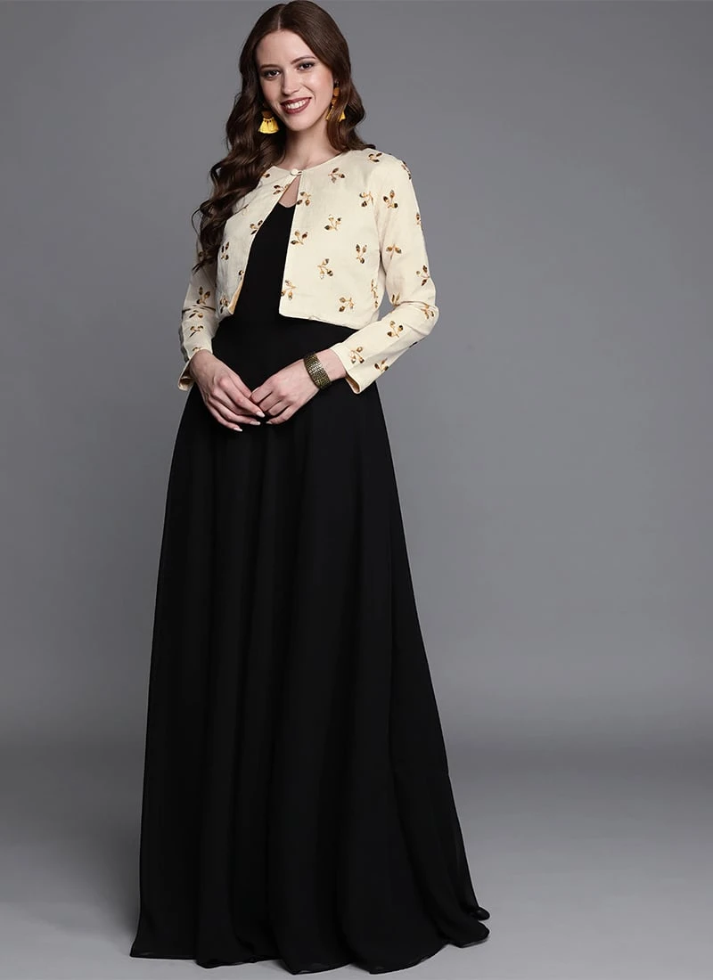 Off White N Black Embroidered Jacket Style Gown After Six Wear 5 Off White N Black Embroidered Jacket Style Gown After Six Wear - Image 3