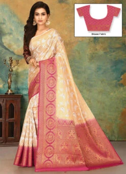 Off White N Pink Kanjeevaram Silk Weaving Saree Festive Wear -ZariGrace Shop off white n pink kanjeevaram silk weaving saree sadsf4071 u