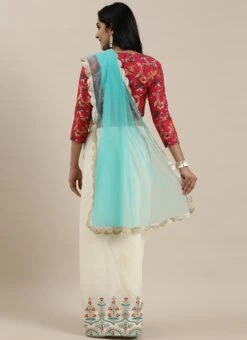 Off White N Red Embroidered Half N Half Saree Festive Wear -ZariGrace Shop off white n red embroidered half n half saree SABS02001319 b