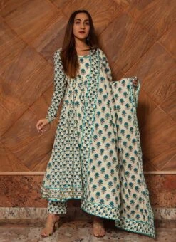 Off White Pure Cotton Printed Anarkali Suit Party Wear -ZariGrace Shop off white pure cotton printed anarkali suit sljpjrb1000 u