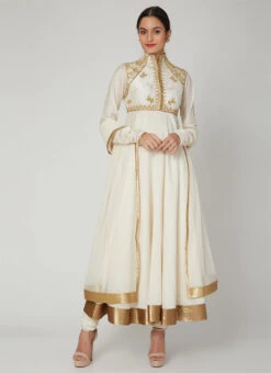 Off White Silk Embroidered Anarkali Suit Party Wear -ZariGrace Shop off white silk embroidered anarkali suit sldvc142 u