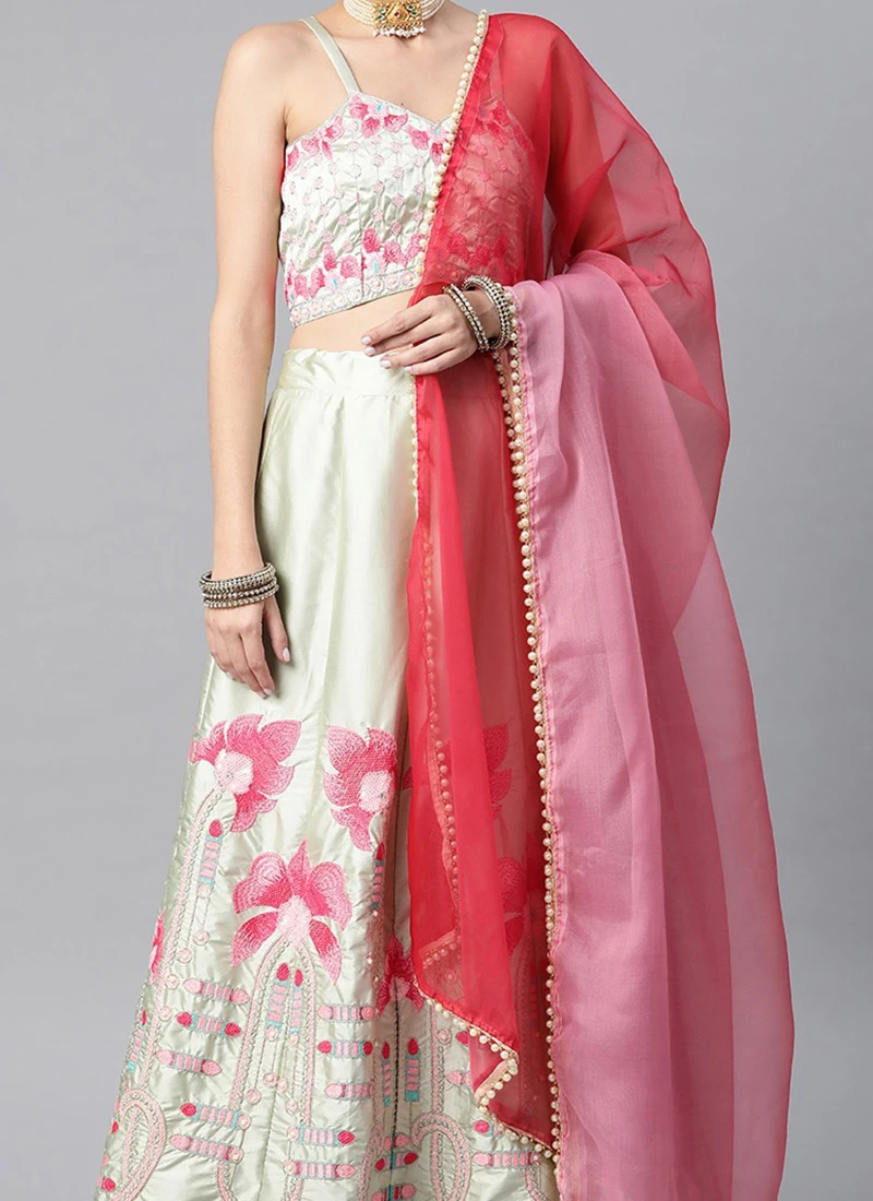 Offwhite Satin Silk Embroidered A Line Lehenga Party Wear 3 Offwhite Satin Silk Embroidered A Line Lehenga Party Wear