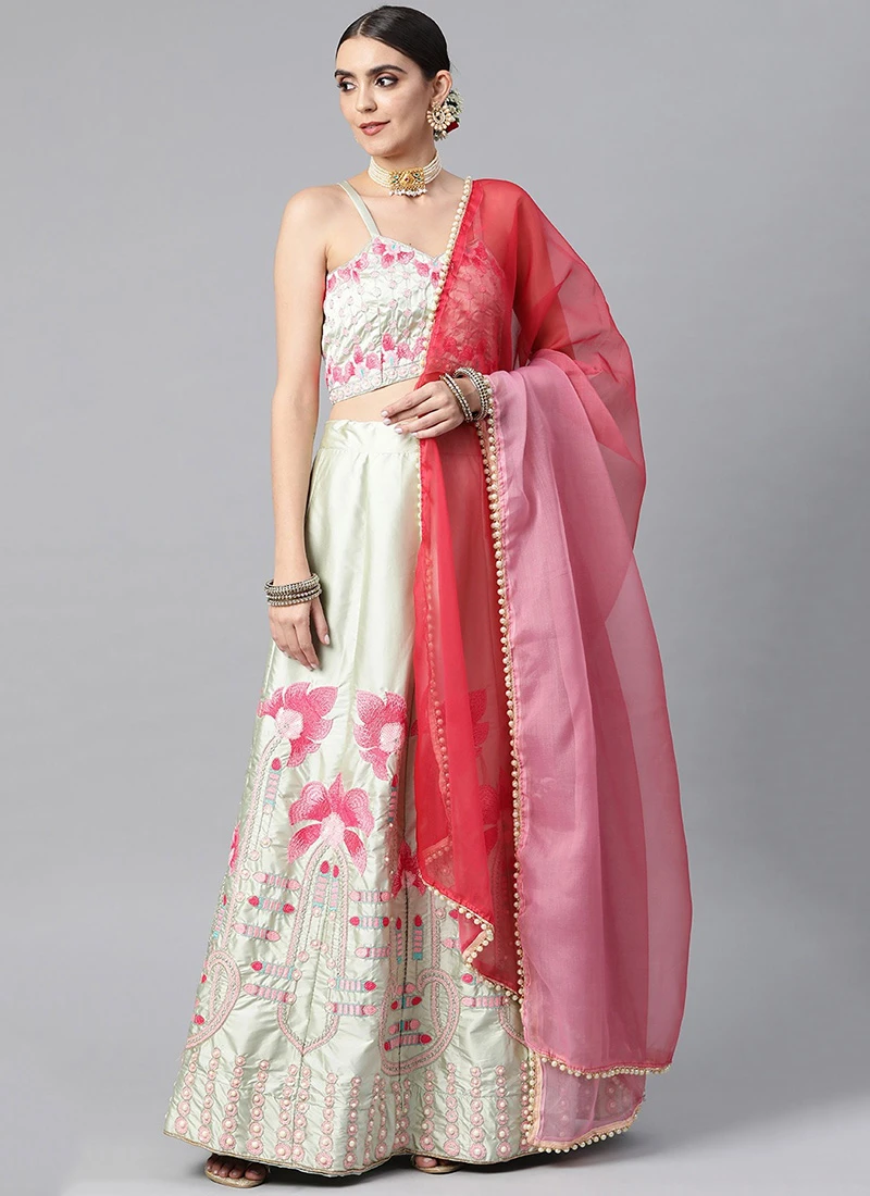 Offwhite Satin Silk Embroidered A Line Lehenga Party Wear 5 Offwhite Satin Silk Embroidered A Line Lehenga Party Wear - Image 3
