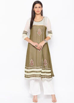 Olive Green Georgette Embroidered Kurta Palazzo Set After Six Wear -ZariGrace Shop olive green georgette embroidered kurta palazzo set krsmnc1935ks u