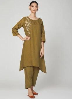 Olive Green Linen Kurta Set Work Wear -ZariGrace Shop olive green linen kurta set krsdvcsvts21 u