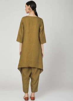 Olive Green Linen Kurta Straight Pant Set Work Wear -ZariGrace Shop olive green linen kurta straight pant set krsdvcsvts22 b