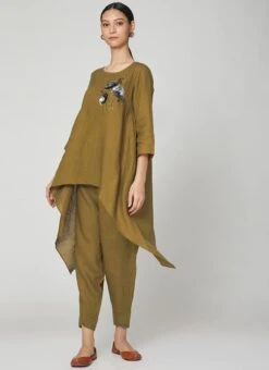 Olive Green Linen Kurta Straight Pant Set Work Wear -ZariGrace Shop olive green linen kurta straight pant set krsdvcsvts22 u