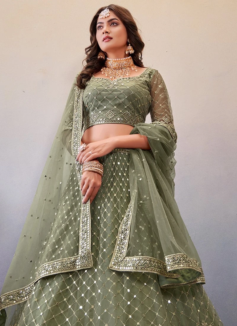Olive Green Net Embroidered Umbrella Lehenga Party Wear 6 Olive Green Net Embroidered Umbrella Lehenga Party Wear - Image 4