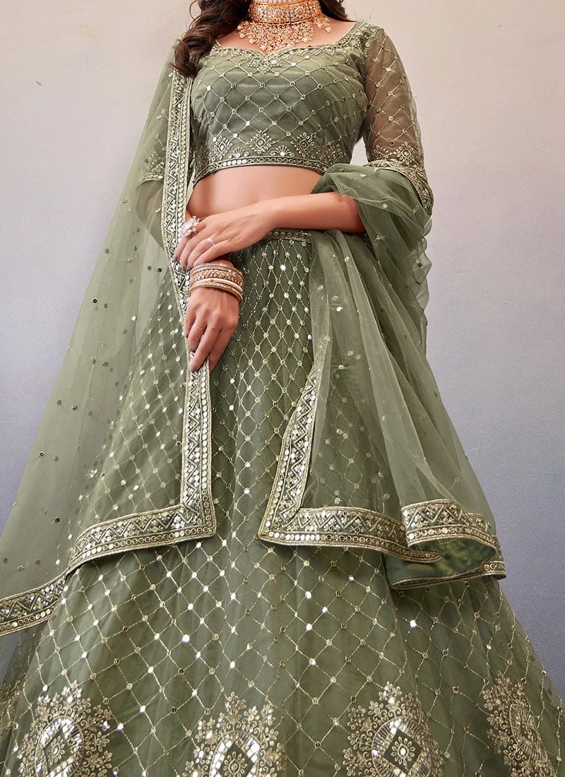 Olive Green Net Embroidered Umbrella Lehenga Party Wear 3 Olive Green Net Embroidered Umbrella Lehenga Party Wear