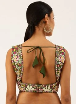 Olive Green Silk Embroidered Work Blouse Party Wear -ZariGrace Shop olive green silk embroidered work blouse blspfb134o b