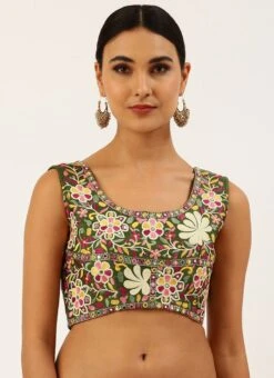 Olive Green Silk Embroidered Work Blouse Party Wear -ZariGrace Shop olive green silk embroidered work blouse blspfb134o u