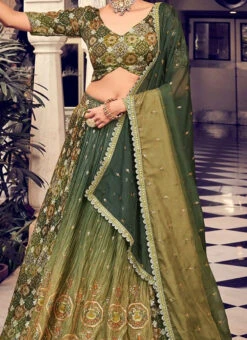 ZariGrace Shop 3 Olive Green Silk Printed Work Umbrella Lehenga Choli Party Wear