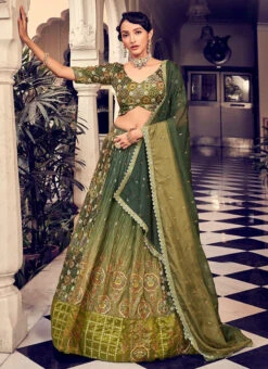 Olive Green Silk Printed Work Umbrella Lehenga Choli Party Wear -ZariGrace Shop olive green silk printed work umbrella lehenga choli ghska460550002 u