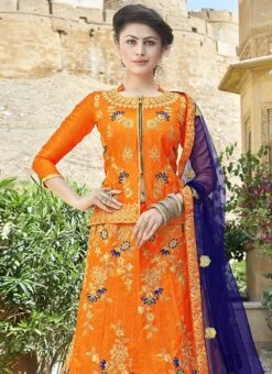 Orange Art Silk Embroidered A Line Lehenga Wedding Wear -ZariGrace Shop orange art silk embroidered a line lehenga ghssit32803 b