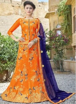 Orange Art Silk Embroidered A Line Lehenga Wedding Wear -ZariGrace Shop orange art silk embroidered a line lehenga ghssit32803 u