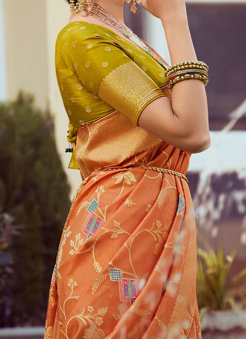 Orange Art Silk Jacquard Sari Festive Wear 3 Orange Art Silk Jacquard Sari Festive Wear
