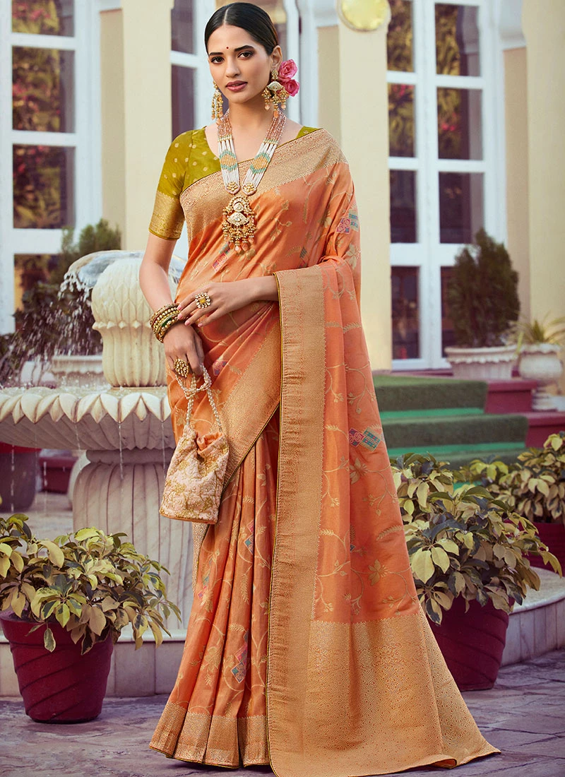 Orange Art Silk Jacquard Sari Festive Wear 5 Orange Art Silk Jacquard Sari Festive Wear - Image 3