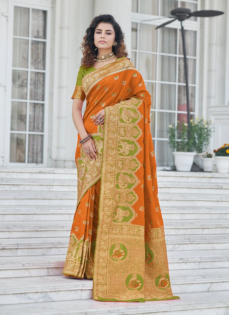 Orange Banarasi Silk Weaving Traditional Saree Festive Wear 5 Orange Banarasi Silk Weaving Traditional Saree Festive Wear - Image 3