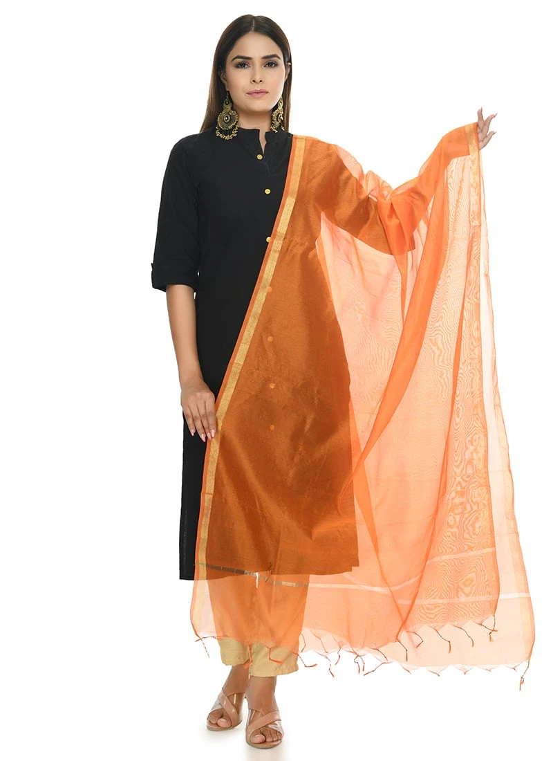 Orange Chanderi Cotton Dupatta Festive Wear 5 Orange Chanderi Cotton Dupatta Festive Wear - Image 3